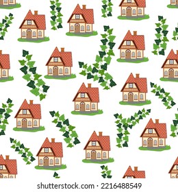Seamless pattern with houses and ivy branches, plants, English old house, Scandinavian traditions.