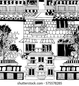 Seamless pattern with houses, monochrome