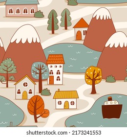 seamless pattern houses and mountains in the forest
