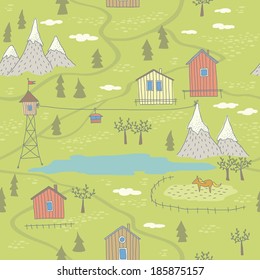 Seamless pattern with houses, mountains and lake. EPS 10. No transparency. No gradients.