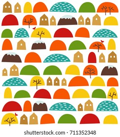 Seamless pattern with houses, mountains, lakes, meadows