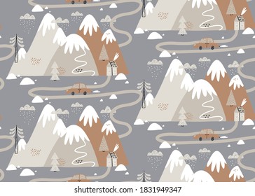 Seamless pattern with houses, mountains, trees, clouds, snow, house, and car. Hand drawn winter illustration in Scandinavian style for kids. For textiles, postcards, baby shower, babywear, nursery.