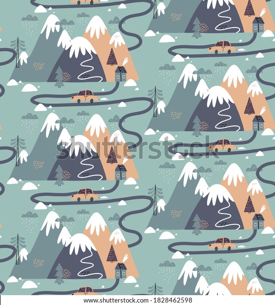 Seamless pattern with houses, mountains, trees,\
clouds, snow, house, and car. Hand drawn winter illustration in\
Scandinavian style for kids. For textiles, postcards, baby shower,\
babywear, nursery.