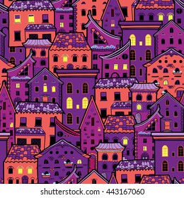 Seamless pattern with houses at night, dark doodle house vector background, cute purple houses with light from the windows, EPS 8