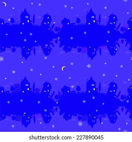 Seamless pattern with houses at the night sky and snowflake background. Vector