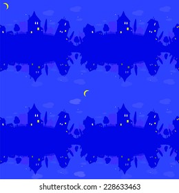 Seamless pattern with houses at the night sky background. Texture of village street. Vector