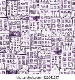 Seamless pattern with houses of old town. Vector illustration.