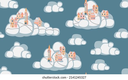Nahtloses Muster mit Häusern auf Wolken in Cartoon.Himmelsstadt Hintergrund und Textur für den Druck auf Stoffe und Papier.Handgezeichnete Vektorgrafik für Design-Karten, Poster, Deckel.