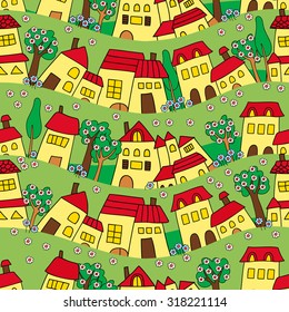 seamless pattern of houses on a green background