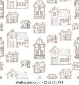 Seamless pattern houses on white background. Vector illustration. Hand outline drawing doodle 