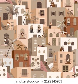 Motif harmonieux de maisons, palmiers et personnes. Style urbain décontracté.