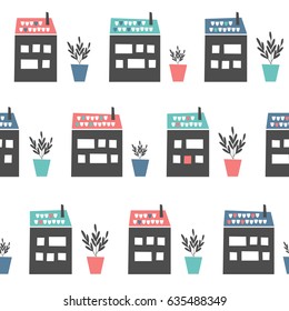 Seamless pattern with houses and plants. Cartoon flat vector illustration. Isolated objects on white background