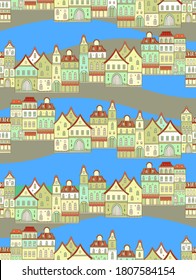 Seamless pattern with houses, river, coastal village