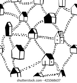seamless pattern with houses and roads