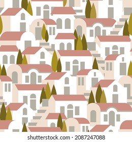 Seamless pattern with houses, steps and trees in pastel colors. Vector illustration in flat style