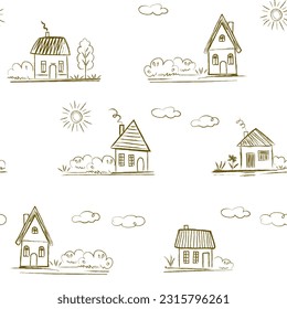seamless pattern - Houses, street, trees, bushes, landscape, sun, clouds - scribbles are drawn by a child's hand with chalk on asphalt or on blackboard