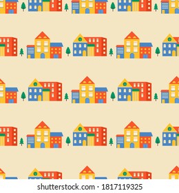 Casas sin foco y calles, techos de edificios.  El paisaje urbano es de fondo colorido para los niños textil, papel envolvente, diseño textil. Fondo vectorial con ciudad y árboles