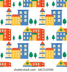 Seamless pattern houses and streets, roofs of building.  Cute cityscape colorful background for kids textile, wrapping paper, textile design. Vector background with town and trees
