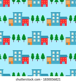 Seamless pattern houses and streets, roofs of building. Cute cityscape colorful background for kids textile, wrapping paper, textile design. Vector background with town and trees