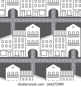 Seamless pattern with houses and streets. Vector illustration.