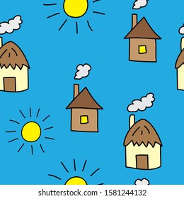 seamless pattern with houses and the Sun