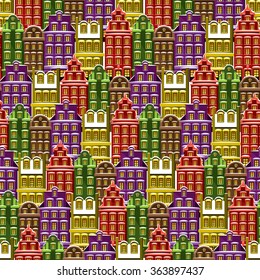 Seamless pattern with houses. Tile little town background. Wrapping paper texture with multicolor buildings. Vector illustrated
