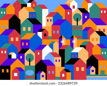 Seamless pattern with houses. Seamless pattern with town houses. Vector background with cartoon town. Town seamless pattern with cute colorful houses