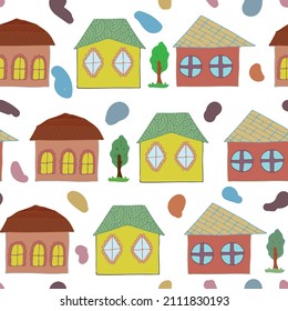 Seamless pattern, houses and trees
