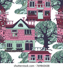 Seamless pattern with houses and trees