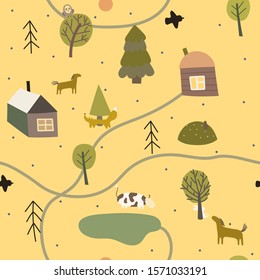 Seamless pattern with houses , trees and animals. Summer forest. Vector illustration.
