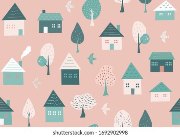 Seamless pattern of houses, trees and birds.