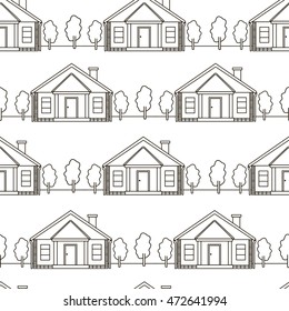 Seamless pattern. Houses and trees from black lines on the white background