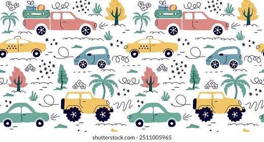 A seamless pattern of houses, trees,  cars. flat design, cartoon style.  A fashionable hand-drawn illustration. for print, paper, childrens wallpaper. art vector illustration.