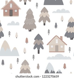 Seamless pattern with houses and trees in cartoon style on a white background. Vector illustration.