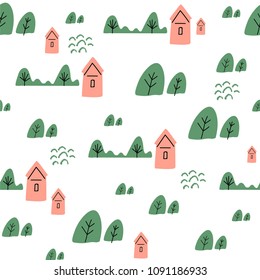 Seamless pattern. Houses and trees. 
Eco-friendly landscape. Perfect for fabric,textile,nursery wallpaper, wrapping paper