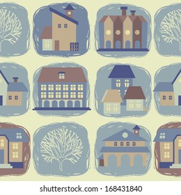 seamless pattern with houses, trees and hand drawn elements, vector illustration