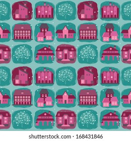 seamless pattern with houses, trees and hand drawn elements, vector illustration