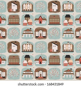 seamless pattern with houses, trees and hand drawn elements, vector illustration