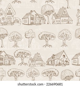 Seamless pattern with houses and trees. Hand drawing
