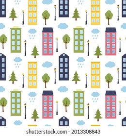 Patrón sin mar con casas, árboles, linternas y nubes, ilustración vectorial