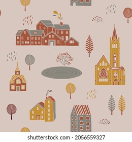 Seamless pattern with houses and trees. Old city. Suitable for printing on fabric, wrapping paper, background. Scandinavian trend.
