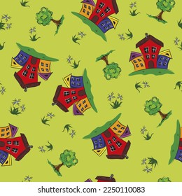 seamless pattern with houses and trees on a green background