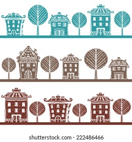 Seamless pattern with houses, trees. Street borders. Abstract panorama of the city. Repeated background texture. Hand drawn. Cloth design. Wallpaper 