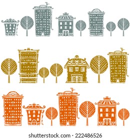 Seamless pattern with houses, trees. Street borders. Abstract panorama of the city. Repeated background texture. Hand drawn. Cloth design. Wallpaper 