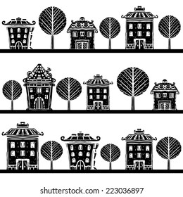 Seamless pattern with houses, trees. Street borders. Abstract panorama of the city. Repeated background texture. Hand drawn. Cloth design. Wallpaper 