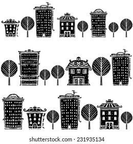Seamless pattern with houses, trees. Street borders. Abstract panorama of the city. Repeated background texture. Hand drawn. Cloth design. Wallpaper 