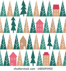 Seamless pattern with houses and trees. Stylish vector background.