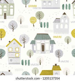 Patrón sin foco con casas y árboles, paisaje de textura en estilo retro plano. Impresión vectorial en colores pastel.