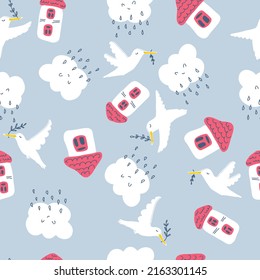 Seamless pattern with houses, white doves and rainy clouds. World peace theme print for T-shirt, textile and fabric. Hand drawn vector illustration for decor and design.
