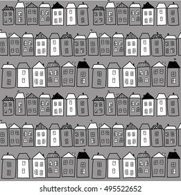 Seamless pattern with houses. windows, roofs, freehand drawing. a child's drawing. Background in the Scandinavian style.